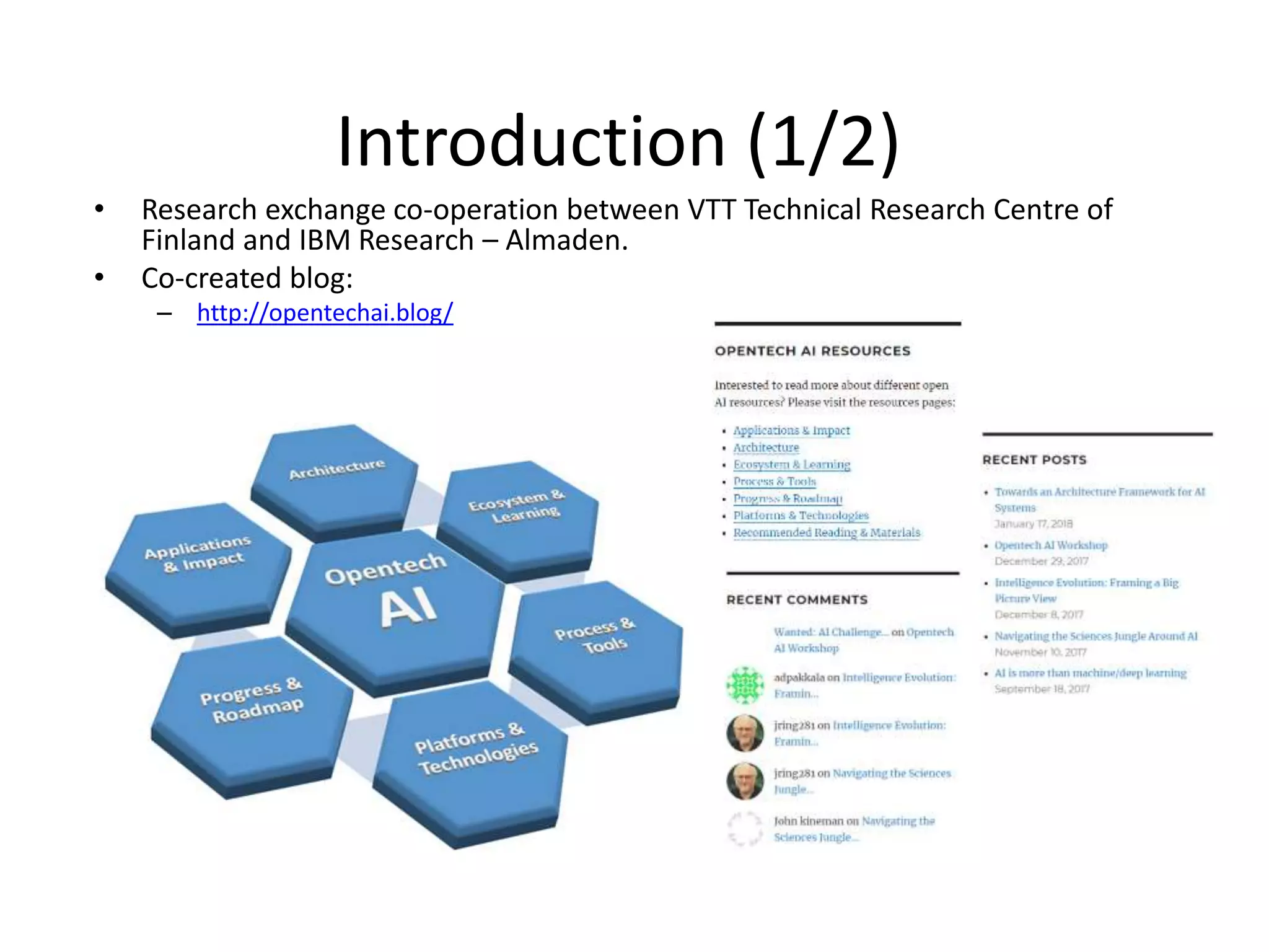 Introduction (1/2)
• Research exchange co-operation between VTT Technical Research Centre of
Finland and IBM Research – Almaden.
• Co-created blog:
– http://opentechai.blog/
 