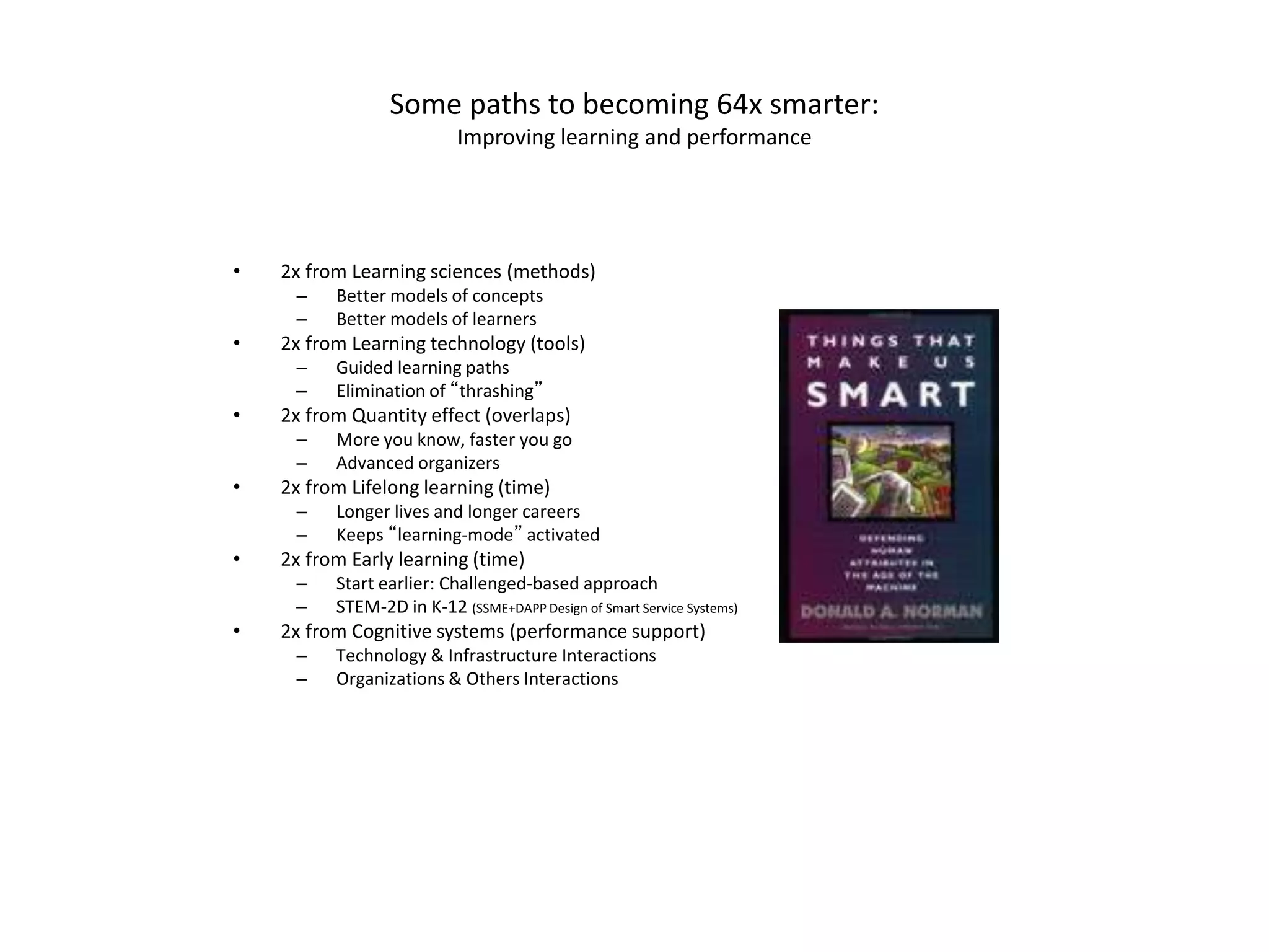 Some paths to becoming 64x smarter:
Improving learning and performance
• 2x from Learning sciences (methods)
– Better models of concepts
– Better models of learners
• 2x from Learning technology (tools)
– Guided learning paths
– Elimination of “thrashing”
• 2x from Quantity effect (overlaps)
– More you know, faster you go
– Advanced organizers
• 2x from Lifelong learning (time)
– Longer lives and longer careers
– Keeps “learning-mode” activated
• 2x from Early learning (time)
– Start earlier: Challenged-based approach
– STEM-2D in K-12 (SSME+DAPP Design of Smart Service Systems)
• 2x from Cognitive systems (performance support)
– Technology & Infrastructure Interactions
– Organizations & Others Interactions
 