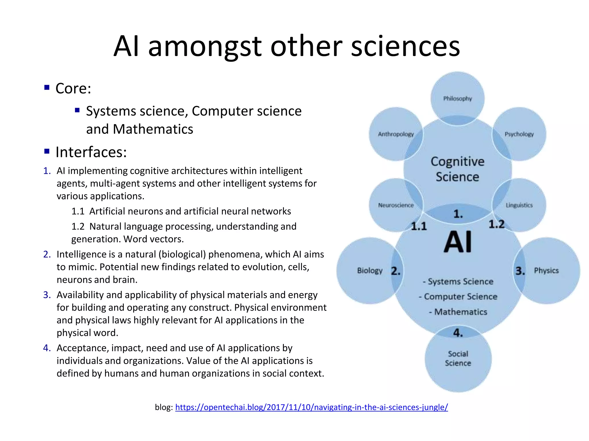 AI amongst other sciences
 Core:
 Systems science, Computer science
and Mathematics
 Interfaces:
1. AI implementing cognitive architectures within intelligent
agents, multi-agent systems and other intelligent systems for
various applications.
1.1 Artificial neurons and artificial neural networks
1.2 Natural language processing, understanding and
generation. Word vectors.
2. Intelligence is a natural (biological) phenomena, which AI aims
to mimic. Potential new findings related to evolution, cells,
neurons and brain.
3. Availability and applicability of physical materials and energy
for building and operating any construct. Physical environment
and physical laws highly relevant for AI applications in the
physical word.
4. Acceptance, impact, need and use of AI applications by
individuals and organizations. Value of the AI applications is
defined by humans and human organizations in social context.
blog: https://opentechai.blog/2017/11/10/navigating-in-the-ai-sciences-jungle/
 