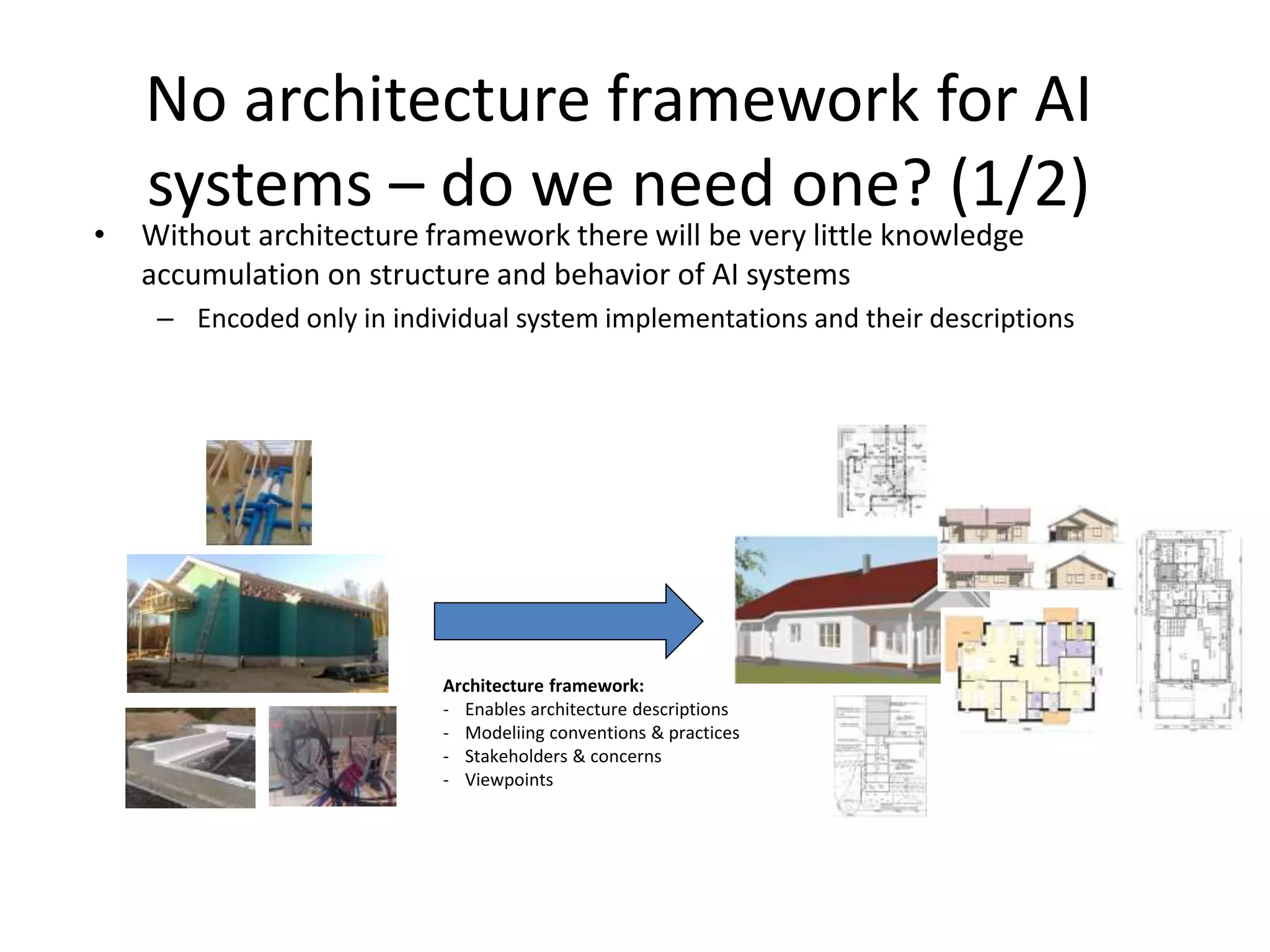 No architecture framework for AI
systems – do we need one? (1/2)
• Without architecture framework there will be very little knowledge
accumulation on structure and behavior of AI systems
– Encoded only in individual system implementations and their descriptions
Architecture framework:
- Enables architecture descriptions
- Modeliing conventions & practices
- Stakeholders & concerns
- Viewpoints
 