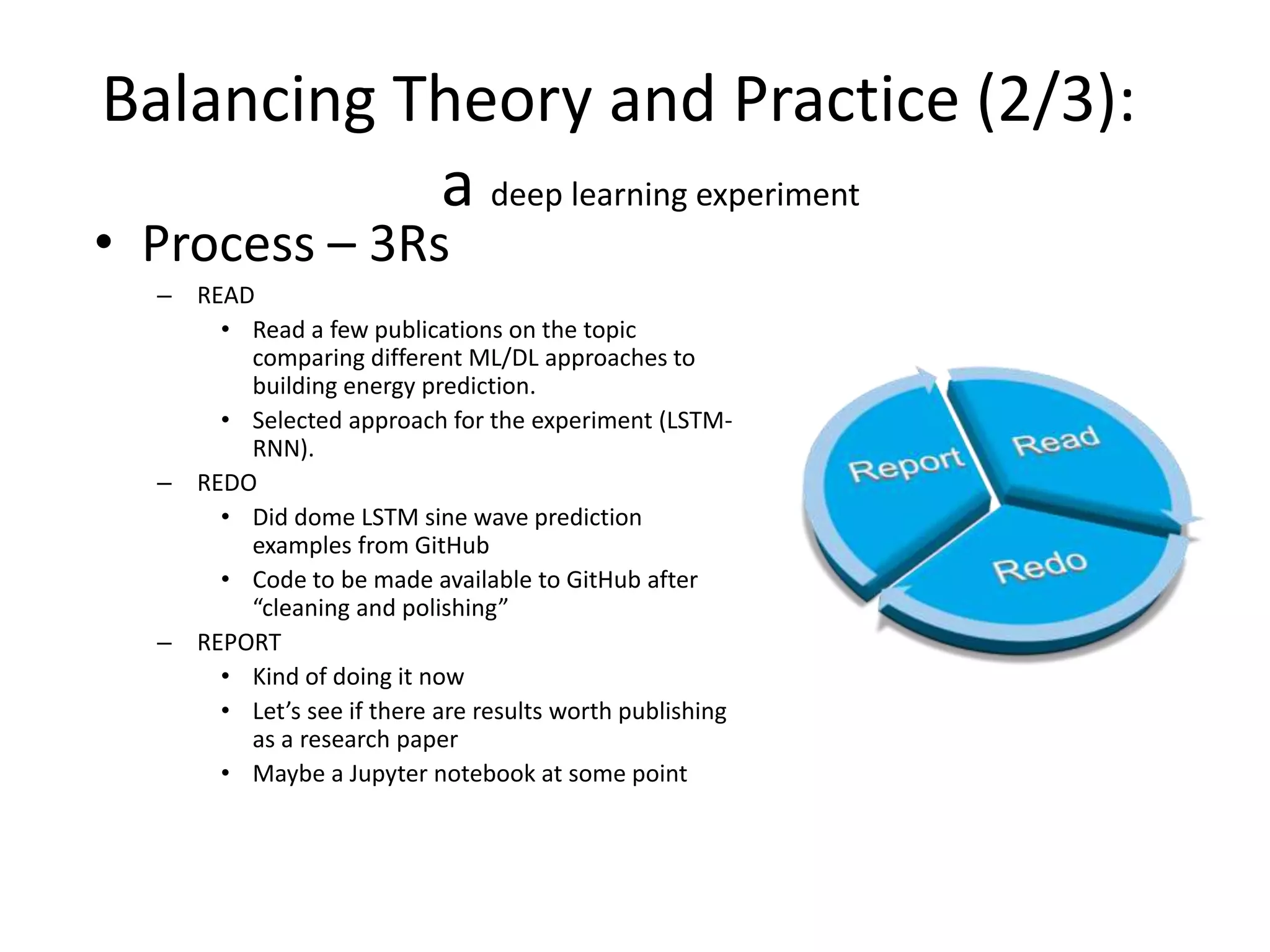 Balancing Theory and Practice (2/3):
a deep learning experiment
• Process – 3Rs
– READ
• Read a few publications on the topic
comparing different ML/DL approaches to
building energy prediction.
• Selected approach for the experiment (LSTM-
RNN).
– REDO
• Did dome LSTM sine wave prediction
examples from GitHub
• Code to be made available to GitHub after
“cleaning and polishing”
– REPORT
• Kind of doing it now
• Let’s see if there are results worth publishing
as a research paper
• Maybe a Jupyter notebook at some point
 