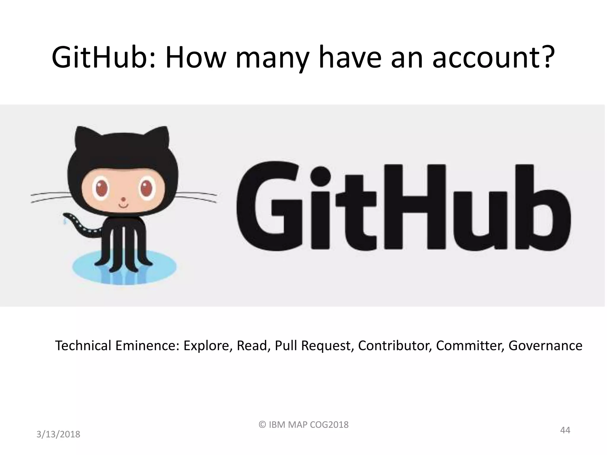 GitHub: How many have an account?
3/13/2018
© IBM MAP COG2018
44
Technical Eminence: Explore, Read, Pull Request, Contributor, Committer, Governance
 