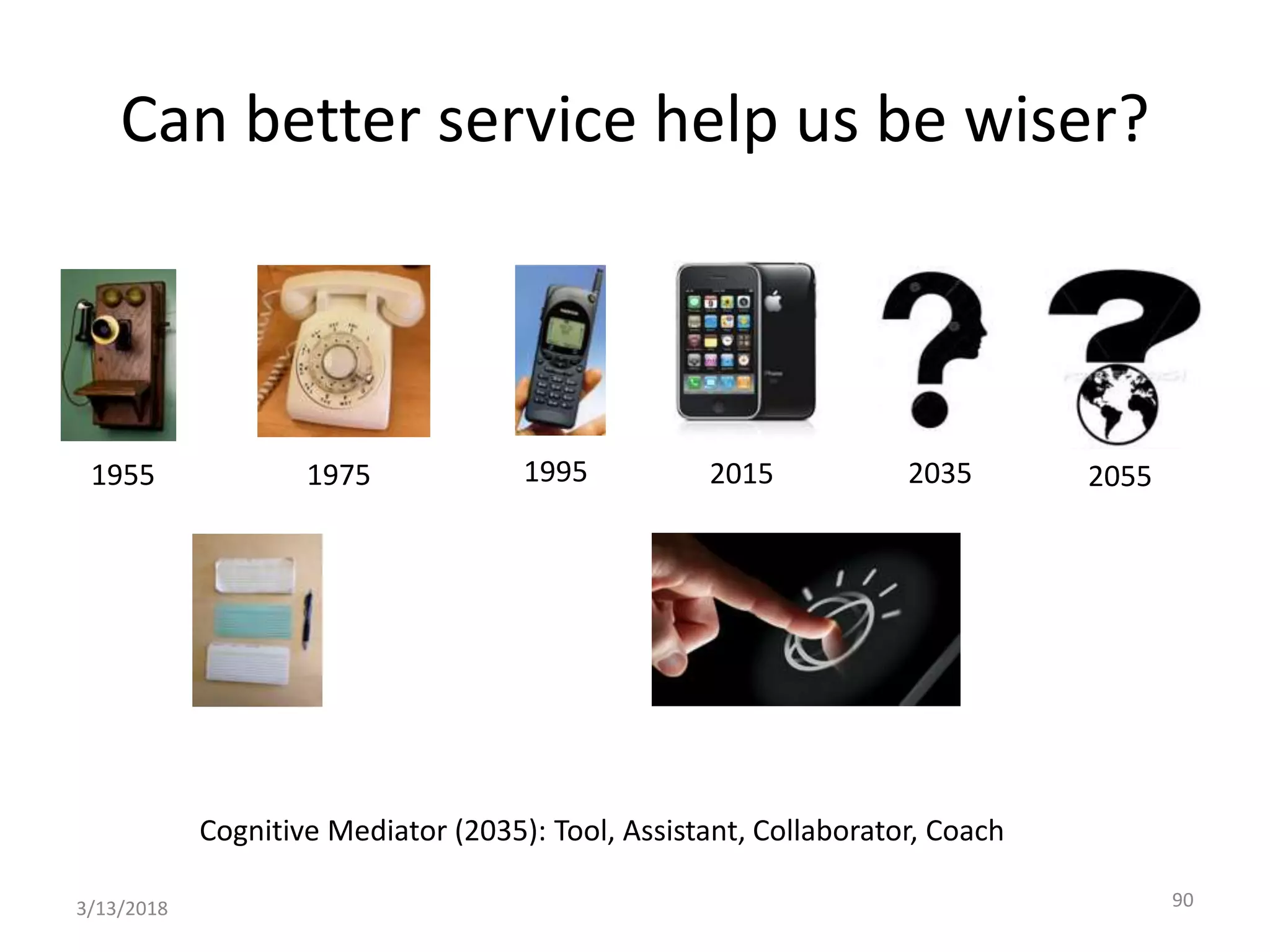 3/13/2018 90
1955 1975 1995 2015 2035 2055
Can better service help us be wiser?
Cognitive Mediator (2035): Tool, Assistant, Collaborator, Coach
 