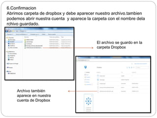 6.Confirmacion 
Abrimos carpeta de dropbox y debe aparecer nuestro archivo.tambien 
podemos abrir nuestra cuenta y aparece la carpeta con el nombre dela 
rchivo guardado. 
El archivo se guardo en la 
carpeta Dropbox 
Archivo también 
aparece en nuestra 
cuenta de Dropbox 
 