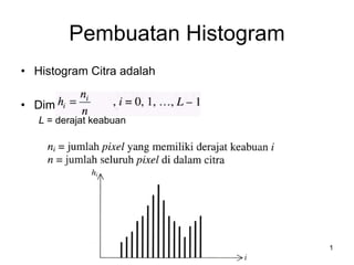 1
Pembuatan Histogram
• Histogram Citra adalah
• Dimana
L = derajat keabuan
 