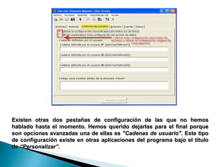 Existen otras dos pestañas de configuración de las que no hemos hablado hasta el momento. Hemos querido dejarlas para el final porque son opciones avanzadas una de ellas es  "Cadenas de usuario".  Este tipo de configuración existe en otras aplicaciones del programa bajo el título de  “Personalizar”.   