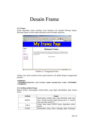 11             Desain Frame
11.1 Frame
Frame digunakan untuk membagi suatu halaman web menjadi beberapa bagian.
Beberapa bagian tersebut dapat digunakan untuk berbagai keperluan.




                       Gambar 11.1 Penggunaan Frame

Adapun cara untuk membuat frame pada halaman web adalah dengan menggunakan
perintah :
<FRAMESET>
 <NOFRAMES>diabaikan jika browser mampu menampilkan frame </NOFRAMES>
</FRAMESET>

11.2 Atribut-atribut Frame
Bagian berikut menerangkan atribut-atribut yang dapat ditambahkan pada elemen
frame :

         Atribut                                     fungsi
                          Menentukan jumlah spasi yang diberikan pada tiap
          ROWS            baris. Jumlah tersebut dapat berupa pixel, % setelah
                          nilai atau nilai relatif (*)
                          Fungsi sama sepert ROWS hanya digunakan untuk
          COLS
                          kolom.
          NAME            Menentukan nama frame sehingga dapat berfungsi



                                                                         Hal. 66
 