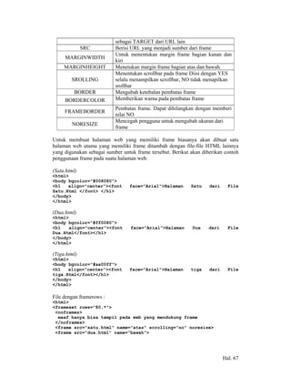 sebagai TARGET dari URL lain
              SRC          Berisi URL yang menjadi sumber dari frame
                           Untuk menentukan margin frame bagian kanan dan
     MARGINWIDTH
                           kiri
     MARGINHEIGHT          Menetukan margin frame bagian atas dan bawah.
                           Menentukan scrollbar pada frame Diisi dengan YES
        SROLLING           selalu menampilkan scrollbar, NO tidak menapilkan
                           srollbar
         BORDER            Mengubah ketebalan pembatas frame
     BORDERCOLOR           Memberikan warna pada pembatas frame
                           Pembatas frame. Dapat dihilangkan dengan memberi
     FRAMEBORDER
                           nilai NO
                           Mencegah pengguna untuk mengubah ukuran dari
        NORESIZE
                           frame

Untuk membuat halaman web yang memiliki frame biasanya akan dibuat satu
halaman web utama yang memiliki frame ditambah dengan file-file HTML lainnya
yang digunakan sebagai sumber untuk frame tersebut. Berikut akan diberikan contoh
penggunaan frame pada suatu halaman web.

(Satu.html)
<html>
<body bgcolor="#008080">
<h1   align="center"><font       face="Arial">Halaman       Satu    dari     File
Satu.Html </font> </h1>
</body>
</html>

(Dua.html)
<html>
<body bgcolor="#ff0080">
<h1    align="center"><font       face="Arial">Halaman      Dua     dari     File
Dua.Html</font></h1>
</body>
</html>

(Tiga.html)
<html>
<body bgcolor="#aa00ff">
<h1   align="center"><font       face="Arial">Halaman       tiga    dari     File
tiga.Html</font></h1>
</body>
</html>

File dengan framerows :
<html>
<frameset rows="80,*">
 <noframes>
  maaf hanya bisa tampil pada web yang mendukung frame
 </noframes>
 <frame src="satu.html" name="atas" scrolling="no" noresize>
 <frame src="dua.html" name="bawah">




                                                                           Hal. 67
 