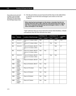 4-18              Creating a HI Project for Retrofit




If you make an error and need     14. Use the procedure you just learned and the data in the table below
to delete a heat exchanger,           to add the rest of the heat exchangers and coolers to the Grid
right-click either end of the
exchanger and select Delete
                                      Diagram.
from the Object Inspect menu.

                                    When placing heat exchangers on the stream, remember that the hot
                                    streams flow from left to right, while the cold streams flow from right to
                                    left. This is important when placing heat exchangers ‘before’ or ‘after’
                                    other exchangers in the design.


                                  “Tied” indicates that you must check the stream Tied checkbox. A blank
                                  cell indicates that HX-Net will solve the value.

                                                                 Hot Stream (°C)      Cold Stream (°C)     Load/Duty
          Name      Streams       Location of Heat Exchanger
                                                                 Inlet T   Outlet T   Inlet T   Outlet T   (MW)

          E2        H1 & C11      Place on C11 stream, before    Tied                           Tied       15.2
                                  HU1
          E3        H3 & C11      Place on C11 stream, before    Tied                 Tied      Tied
                                  E2
          E4        H3 & C12      Place on H3 stream, after E3   Tied                           Tied       0.7
                                  Place on C12 stream, before
                                  E1
          E5        H1 & C12      Place on H1 stream, after E2   Tied      Tied                 Tied
                                  Place on C12 stream, before
                                  E4
          E6        H3 & C12      Place on H3 stream, after E4   Tied                 Tied      Tied
                                  Place on C12 stream, before
                                  E5
          CU1       H3 &          Place on H3 stream, after E6   Tied      Tied
                    Cooling
                    Water
          CU2       H6 &          Place on H6 stream, after E1   Tied      Tied
                    Cooling
                    Water
          CU3       H10 &         Place on H10 stream            Tied      Tied
                    Cooling
                    Water
          CU4       H5 &          Place on H5 stream             Tied      Tied
                    Cooling
                    Water
          CU5       H9 &          Place on H9 stream             Tied      Tied
                    Cooling
                    Water
          CU6       H7 &          Place on H7 stream             Tied      Tied
                    Cooling
                    Water




4-18
 