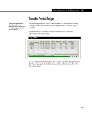 Column Sequencing for Multi-Components   5-23




                                 Generated Feasible Designs
The designs are sorted in        The new designs based on the limitation that all columns had to use
ascending order of the
objective function value, with
                                 cooling water in the condenser are listed under the Constant Top T
the optimum design as the        scenario.
very first design.
                                 The Performance tab at the Scenario level contains summary
                                 information for every design.

                                  Figure 5.29




                                 To view detail information about the designs, select the design name in
                                 the Viewer group, then click the Streams tab and Columns tab to view
                                 the information.




                                                                                                           5-23
 