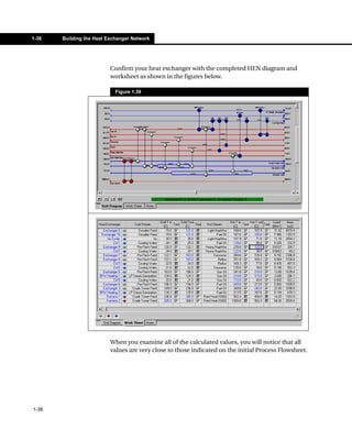 1-38   Building the Heat Exchanger Network




                          Confirm your heat exchanger with the completed HEN diagram and
                          worksheet as shown in the figures below.

                            Figure 1.39




                          When you examine all of the calculated values, you will notice that all
                          values are very close to those indicated on the initial Process Flowsheet.




1-38
 