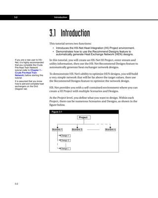 3-2                                  Introduction




                                 3.1 Introduction
                                 This tutorial serves two functions:
                                   • Introduces the HX-Net Heat Integration (HI) Project environment.
                                   • Demonstrates how to use the Recommend Designs feature to
                                     automatically generate Heat Exchange Network (HEN) designs.
If you are a new user to HX-     In this tutorial, you will create an HX-Net HI Project, enter stream and
Net, it is highly recommended
that you complete the Crude
                                 utility information, then use the HX-Net Recommend Designs feature to
Pre-Heat Train Network           automatically generate heat exchanger network designs.
tutorial (refer to Chapter 1 -
Crude Pre-Heat Train
Network) before starting this
                                 To demonstrate HX-Net’s ability to optimize HEN designs, you will build
tutorial.                        a very simple network that will be far above the target values, then use
It is assumed that you know      the Recommend Designs feature to optimize the network design.
how to add and complete heat
exchangers on the Grid
Diagram tab.
                                 HX-Net provides you with a self-contained environment where you can
                                 create a HI Project with multiple Scenarios and Designs.

                                 At the Project level, you define what you want to design. Within each
                                 Project, there can be numerous Scenarios and Designs, as shown in the
                                 figure below.

                                  Figure 3.1

                                                                Project



                                   Scenario 1             Scenario 2   .......................   Scenario n


                                            Design 1

                                            Design 2
                                                .......




                                            Design j




3-2
 