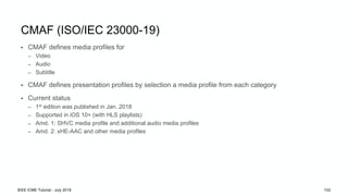 CMAF (ISO/IEC 23000-19)
• CMAF defines media profiles for
– Video
– Audio
– Subtitle
• CMAF defines presentation profiles by selection a media profile from each category
• Current status
– 1st edition was published in Jan. 2018
– Supported in iOS 10+ (with HLS playlists)
– Amd. 1: SHVC media profile and additional audio media profiles
– Amd. 2: xHE-AAC and other media profiles
IEEE ICME Tutorial - July 2018 102
 