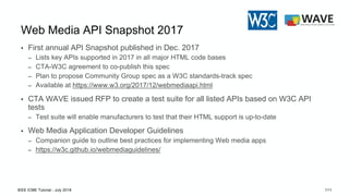 Web Media API Snapshot 2017
• First annual API Snapshot published in Dec. 2017
– Lists key APIs supported in 2017 in all m...