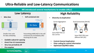 Ultra-Reliable and Low-Latency Communications
NR introduced several mechanisms to enable URLLC
192© 2018 InterDigital, Inc. All rights reserved.
Low Latency
DL Data
ULCtrl
Gap
HARQ-ACK
Slot
• Self-contained slot
Transmitting HARQ-ACK in the self-
contained slot immediately after
receiving the DL data
• Mini-Slot
Slot
Mini-Slot
Smaller time units
for data scheduling
• Scalable subcarrier spacing
• Grant Free UL transmission
• Very low periodicity SR
• Pre-emption
High Reliability
• Diversity via duplication
f1
f2
Same PDCP PDU on
two carriers
Carrier-Aggregation
LTE NR
Same PDCP PDU over
different RAT (DC)
Dual-Connectivity (EN-DC)
• Control channel duplication
• Polar coding for control information
• Optimized CQI/MCS tables
 