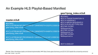 An Example HLS Playlist-Based Manifest
#EXTM3U
#EXT-X-STREAM-INF:PROGRAM-ID=1,BANDWIDTH=232370,CODECS="mp4a.40.2, avc1.4d4015"
gear1/prog_index.m3u8
#EXT-X-STREAM-INF:PROGRAM-ID=1,BANDWIDTH=649879,CODECS="mp4a.40.2, avc1.4d401e"
gear2/prog_index.m3u8
#EXT-X-STREAM-INF:PROGRAM-ID=1,BANDWIDTH=41457,CODECS="mp4a.40.2"
gear0/prog_index.m3u8
master.m3u8
Source: https://developer.apple.com/streaming/examples/ and https://www.gpac-licensing.com/2014/12/01/apple-hls-comparing-versions/
#EXTM3U
#EXT-X-TARGETDURATION:10
#EXT-X-VERSION:3
#EXT-X-MEDIA-SEQUENCE:0
#EXT-X-PLAYLIST-TYPE:VOD
#EXTINF:9.97667,
fileSequence0.ts
#EXTINF:9.97667,
fileSequence1.ts
#EXTINF:9.97667,
fileSequence2.ts
.
.
.
#EXT-X-ENDLIST
gear1/prog_index.m3u8
IEEE ICME Tutorial - July 2018 20
 