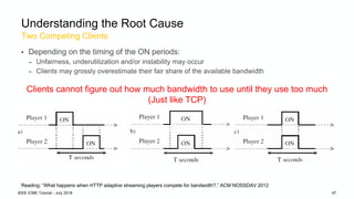 Two Competing Clients
Understanding the Root Cause
• Depending on the timing of the ON periods:
– Unfairness, underutilization and/or instability may occur
– Clients may grossly overestimate their fair share of the available bandwidth
Clients cannot figure out how much bandwidth to use until they use too much
(Just like TCP)
Reading: “What happens when HTTP adaptive streaming players compete for bandwidth?,” ACM NOSSDAV 2012
IEEE ICME Tutorial - July 2018 47
 