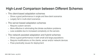 High-Level Comparison between Different Schemes
• The client-based adaptation schemes
– Show a good performance in single and few-client scenarios
– Largely fail in multi-client scenarios
• The server-based adaptation schemes
– Require custom servers
– More effective in eliminating the bitrate oscillation problems
– Less scalable due to increased complexity on the servers
• The network-assisted adaptation and hybrid schemes
– Show a good performance in both small and large populations
– Require modifications on the clients, server and/or network devices
– Pose practicality issues for deployment
IEEE ICME Tutorial - July 2018 50
 