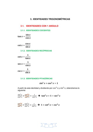 3
3. IDENTIDADES TRIGONOMÉTRICAS
3.1. IDENTIDADES CON 1 ANGULO
3.1.1. IDENTIDADES COCIENTES
𝐭𝐚𝐧 𝒙 =
𝐬𝐢𝐧 𝒙
𝐜𝐨𝐬 𝒙
𝐜𝐨𝐭 𝒙 =
𝐜𝐨𝐬 𝒙
𝐬𝐢𝐧 𝒙
3.1.2. IDENTIDADES RECÍPROCAS
𝐜𝐨𝐭 𝒙 =
𝟏
𝐭𝐚𝐧 𝒙
𝐬𝐞𝐜 𝒙 =
𝟏
𝐜𝐨𝐬 𝒙
𝐜𝐬𝐜 𝒙 =
𝟏
𝐬𝐢𝐧 𝒙
3.1.3. IDENTIDADES PITAGÓRICAS
𝐬𝐢𝐧 𝟐
𝒙 + 𝐜𝐨𝐬 𝟐
𝒙 = 𝟏
A partir de esta identidad y dividiendo por cos2
x y sin2
x, obtendremos lo
siguiente:
sin2 𝑥
cos2 𝑥
+
cos2 𝑥
cos2 𝑥
=
1
cos2 𝑥
 𝐭𝐚𝐧 𝟐
𝒙 + 𝟏 = 𝐬𝐞𝐜 𝟐
𝒙
sin2 𝑥
sin2 𝑥
+
cos2 𝑥
sin2 𝑥
=
1
sin2 𝑥
 𝟏 + 𝐜𝐨𝐭 𝟐
𝒙 = 𝐜𝐬𝐜 𝟐
𝒙
 