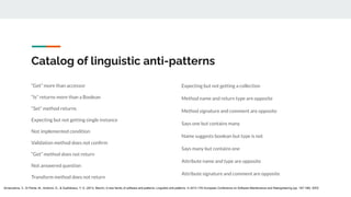 Catalog of linguistic anti-patterns
“Get” more than accessor
“Is” returns more than a Boolean
“Set” method returns
Expecting but not getting single instance
Not implemented condition
Validation method does not conﬁrm
“Get” method does not return
Not answered question
Transform method does not return
Expecting but not getting a collection
Method name and return type are opposite
Method signature and comment are opposite
Says one but contains many
Name suggests boolean but type is not
Says many but contains one
Attribute name and type are opposite
Attribute signature and comment are opposite
Arnaoudova, V., Di Penta, M., Antoniol, G., & Guéhéneuc, Y. G. (2013, March). A new family of software anti-patterns: Linguistic anti-patterns. In 2013 17th European Conference on Software Maintenance and Reengineering (pp. 187-196). IEEE.
 