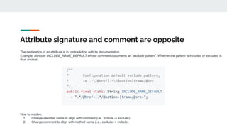 Attribute signature and comment are opposite
The declaration of an attribute is in contradiction with its documentation
Example: attribute INCLUDE_NAME_DEFAULT whose comment documents an "exclude pattern". Whether the pattern is included or excluded is
thus unclear
How to resolve:
1. Change identifier name to align with comment (i.e., include -> exclude)
2. Change comment to align with method name (i.e., exclude -> include)
 