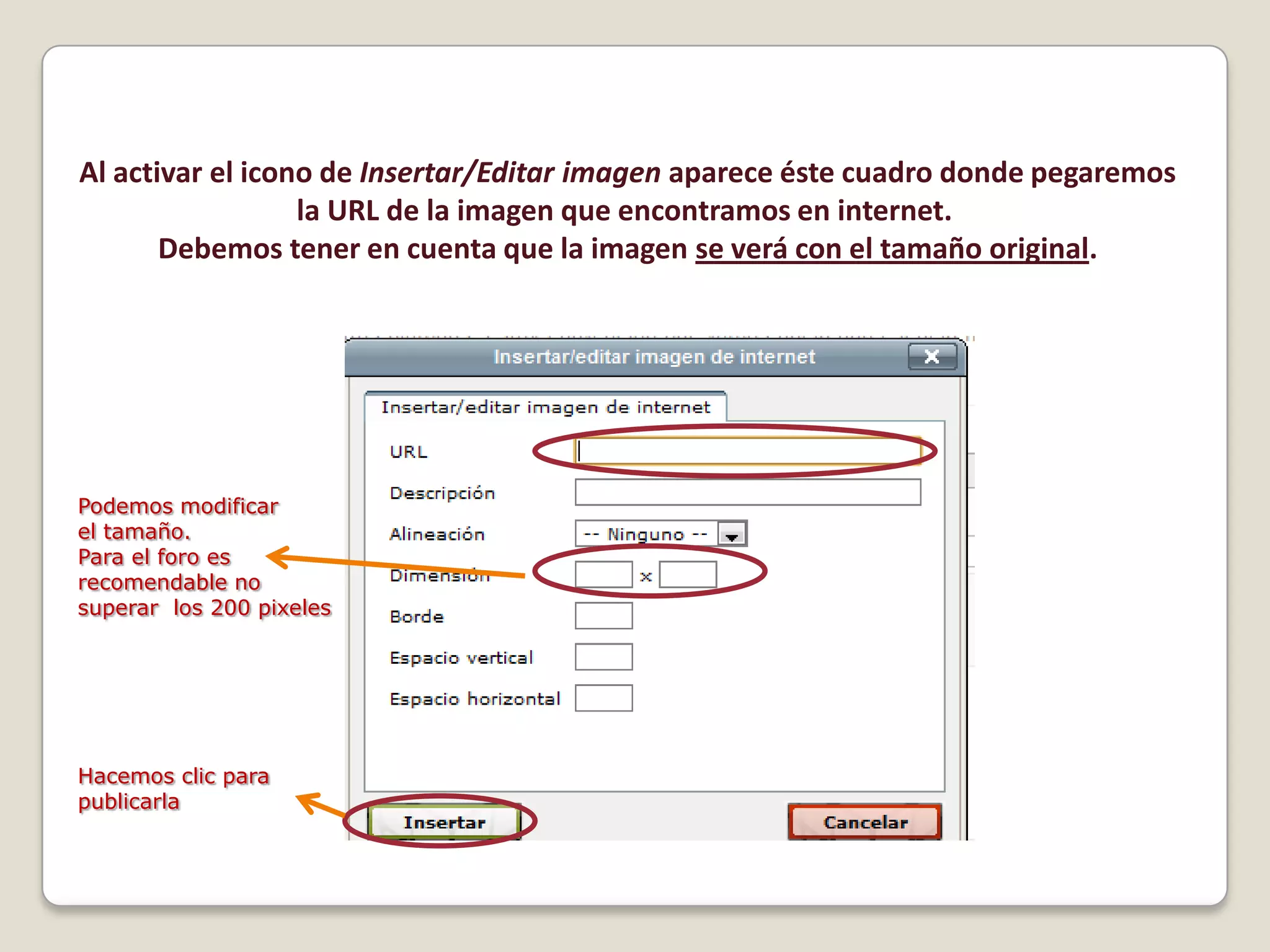 Al activar el icono de Insertar/Editar imagen aparece éste cuadro donde pegaremosla URL de la imagen que encontramos en internet. Debemos tener en cuenta que la imagen se verá con el tamaño original.Podemos modificarel tamaño.Para el foro es recomendable nosuperar los 200 pixelesHacemos clic para publicarla