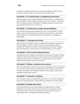 178                                       TUTORIA NO EAD: UM MANUAL PARA TUTORES




discussões em pequenos grupos, todos os participantes podem comparar as suas
conclusões e procurar chegar a um consenso sobre o papel do tutor.


Actividade 1.12 Conhecimentos e competências dos tutores
Numa discussão em grupo, cada grupo pequeno poderia discutir uma destas áreas, e
depois partilhar as suas conclusões com todo o grupo. Num workshop, se cada área
ficar com pequenos grupos, as discussões em pequenos grupos e o resumo entre o
grupo global poderá demorar uma meia hora.


Actividade 1.13 Desenvolver um plano de aprendizagem
Num contexto de grupo, cada participante deve criar o seu próprio plano, e depois
discuti-lo com outro participante. Numa sessão com o grupo todo, os participantes
podem partilhar as suas observações sobre os seus objectivos e estratégias de
aprendizagem.


Actividade 2.1 A perspectiva do tutor
Num workshop ou discussão em grupo, os pequenos grupos podem discutir duas ou
três das situações, de forma a poderem considerar uma variedade de papéis e
competências necessárias aos tutores. Cada participante deve efectuar a segunda
parte individualmente, e depois discutir as suas observações com outra pessoa.


Actividade 3.2 Dar as boas-vindas aos alunos
Cada participante deve trabalhar individualmente na sua própria mensagem de boas-
vindas (esta parte deverá demorar entre 10 e 20 minutos). Os participantes devem
trabalhar aos pares, cada um analisando as mensagens do outro; esta análise e
discussão deverá demorar entre 10 e 20 minutos.


Actividade 3.3 Manter o contacto com os alunos
Convide os participantes a discutirem cada parte da actividade com outro participante,
ou num pequeno grupo. Quando os participantes tiverem concluído a sua primeira
discussão, pode sugerir que as pessoas combinem os seus grupos e comentem as
estratégias propostas pelo parceiro.


Actividade 3.7 Descobrir o problema
Num workshop ou grupo, os participantes podem discutir uma ou duas situações em
pares ou em grupos pequenos, e depois analisar as avaliações com o grupo global.


Actividade 3.8 Registo dos alunos
Os participantes podem discutir estas questões num pequeno grupo, e depois
partilharem as suas ideias com todo o grupo. Se todos os participantes forem da
mesma organização, será útil ter um administrador disponível para explicar os
procedimentos para a manutenção dos registos dos alunos.
 