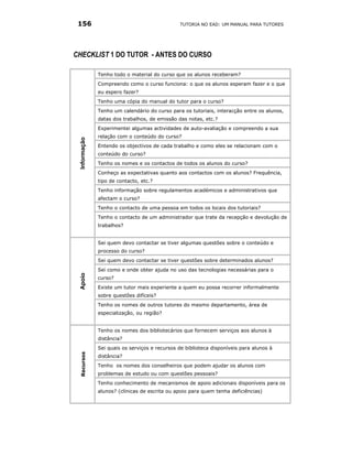 156                                           TUTORIA NO EAD: UM MANUAL PARA TUTORES




CHECKLIST 1 DO TUTOR - ANTES DO CURSO

              Tenho todo o material do curso que os alunos receberam?
              Compreendo como o curso funciona: o que os alunos esperam fazer e o que
              eu espero fazer?
              Tenho uma cópia do manual do tutor para o curso?
              Tenho um calendário do curso para os tutoriais, interacção entre os alunos,
              datas dos trabalhos, de emissão das notas, etc.?
              Experimentei algumas actividades de auto-avaliação e compreendo a sua
              relação com o conteúdo do curso?
 Informação




              Entendo os objectivos de cada trabalho e como eles se relacionam com o
              conteúdo do curso?
              Tenho os nomes e os contactos de todos os alunos do curso?
              Conheço as expectativas quanto aos contactos com os alunos? Frequência,
              tipo de contacto, etc.?
              Tenho informação sobre regulamentos académicos e administrativos que
              afectam o curso?
              Tenho o contacto de uma pessoa em todos os locais dos tutoriais?
              Tenho o contacto de um administrador que trate da recepção e devolução de
              trabalhos?


              Sei quem devo contactar se tiver algumas questões sobre o conteúdo e
              processo do curso?
              Sei quem devo contactar se tiver questões sobre determinados alunos?
              Sei como e onde obter ajuda no uso das tecnologias necessárias para o
 Apoio




              curso?
              Existe um tutor mais experiente a quem eu possa recorrer informalmente
              sobre questões difíceis?
              Tenho os nomes de outros tutores do mesmo departamento, área de
              especialização, ou região?


              Tenho os nomes dos bibliotecários que fornecem serviços aos alunos à
              distância?
              Sei quais os serviços e recursos de biblioteca disponíveis para alunos à
  Recursos




              distância?
              Tenho os nomes dos conselheiros que podem ajudar os alunos com
              problemas de estudo ou com questões pessoais?
              Tenho conhecimento de mecanismos de apoio adicionais disponíveis para os
              alunos? (clínicas de escrita ou apoio para quem tenha deficiências)
 