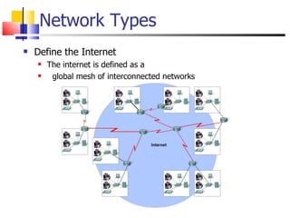 Network Types Define the Internet The internet is defined as a global mesh of interconnected networks 