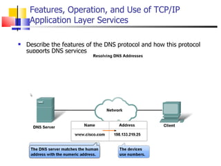 Features, Operation, and Use of TCP/IP Application Layer Services Describe the features of the DNS protocol and how this protocol supports DNS services 