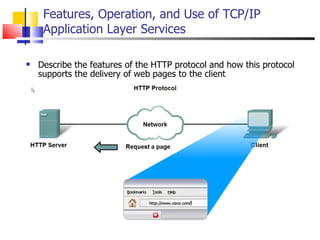 Describe the features of the HTTP protocol and how this protocol supports the delivery of web pages to the client  Features, Operation, and Use of TCP/IP Application Layer Services 