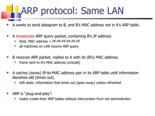 ARP protocol: Same LAN A wants to send datagram to B, and B’s MAC address not in A’s ARP table. A  broadcasts  ARP query packet, containing B's IP address  Dest. MAC address = FF-FF-FF-FF-FF-FF all machines on LAN receive ARP query  B receives ARP packet, replies to A with its (B's) MAC address frame sent to A’s MAC address (unicast) A caches (saves) IP-to-MAC address pair in its ARP table until information becomes old (times out)  soft state: information that times out (goes away) unless refreshed ARP is “plug-and-play”: nodes create their ARP tables without intervention from net administrator 