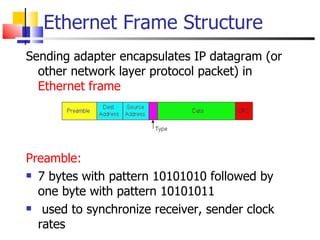 Ethernet Frame Structure Sending adapter encapsulates IP datagram (or other network layer protocol packet) in  Ethernet frame Preamble:   7 bytes with pattern 10101010 followed by one byte with pattern 10101011 used to synchronize receiver, sender clock rates 