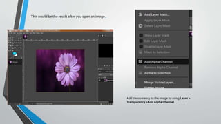 This would be the result after you open an image.
Add transparency to the image by using Layer >
Transparency >AddAlpha Channel.
 