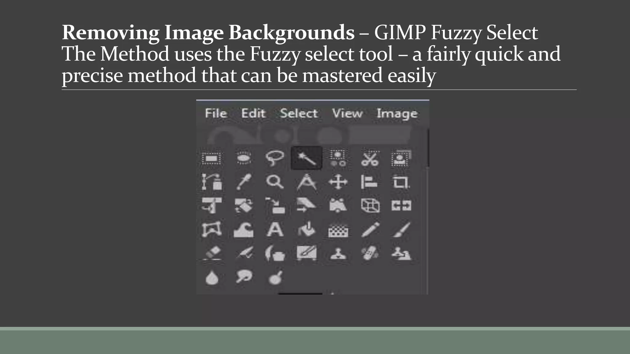 Removing Image Backgrounds – GIMP Fuzzy Select
The Method uses the Fuzzy select tool – a fairly quick and
precise method that can be mastered easily
 