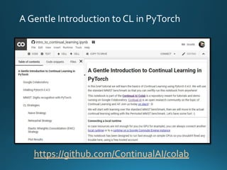 A Gentle Introduction to CL in PyTorch
https://github.com/ContinualAI/colab
 