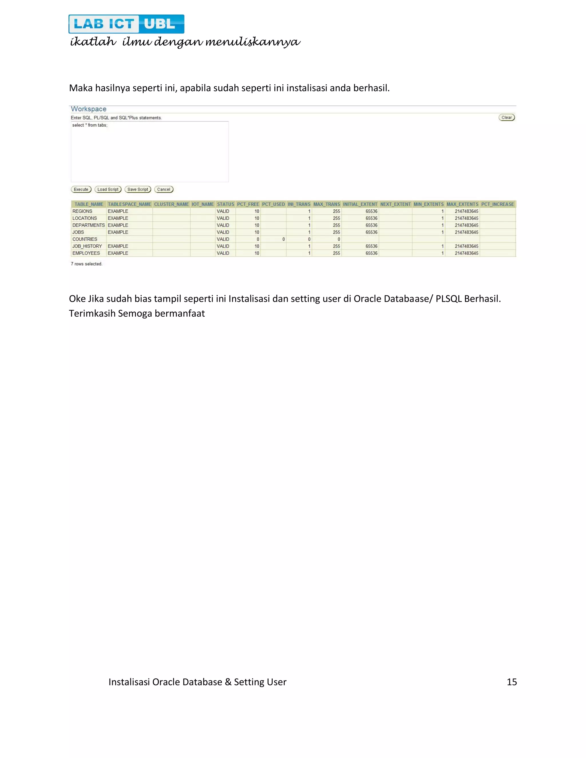 ikatlah ilmu dengan menuliskannya Instalisasi Oracle Database & Setting User 15 Maka hasilnya seperti ini, apabila sudah seperti ini instalisasi anda berhasil. Oke Jika sudah bias tampil seperti ini Instalisasi dan setting user di Oracle Databaase/ PLSQL Berhasil. Terimkasih Semoga bermanfaat 
