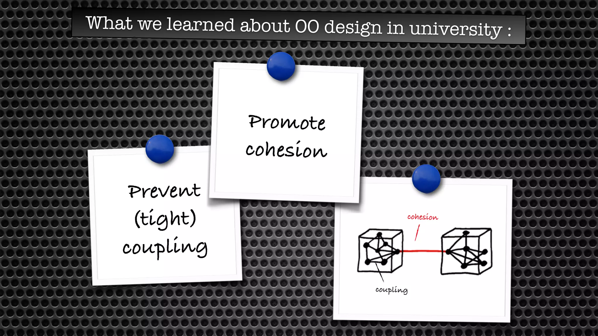 What we lear ned about OO design in university : Prevent (tight) coupling Promote cohesion cohesion coupling 