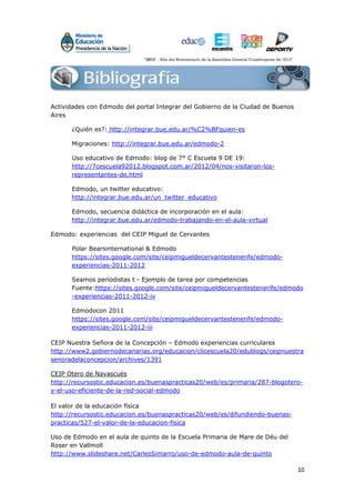 10
Bibliografía
Actividades con Edmodo del portal Integrar del Gobierno de la Ciudad de Buenos
Aires
¿Quién es?: http://integrar.bue.edu.ar/%C2%BFquien-es
Migraciones: http://integrar.bue.edu.ar/edmodo-2
Uso educativo de Edmodo: blog de 7° C Escuela 9 DE 19:
http://7cescuela92012.blogspot.com.ar/2012/04/nos-visitaron-los-
representantes-de.html
Edmodo, un twitter educativo:
http://integrar.bue.edu.ar/un_twitter_educativo
Edmodo, secuencia didáctica de incorporación en el aula:
http://integrar.bue.edu.ar/edmodo-trabajando-en-el-aula-virtual
Edmodo: experiencias del CEIP Miguel de Cervantes
Polar Bearsinternational & Edmodo
https://sites.google.com/site/ceipmigueldecervantestenerife/edmodo-
experiencias-2011-2012
Seamos periodistas t - Ejemplo de tarea por competencias
Fuente:https://sites.google.com/site/ceipmigueldecervantestenerife/edmodo
-experiencias-2011-2012-iv
Edmodocon 2011
https://sites.google.com/site/ceipmigueldecervantestenerife/edmodo-
experiencias-2011-2012-iii
CEIP Nuestra Señora de la Concepción – Edmodo experiencias curriculares
http://www2.gobiernodecanarias.org/educacion/clicescuela20/edublogs/ceipnuestra
senoradelaconcepcion/archives/1391
CEIP Otero de Navascués
http://recursostic.educacion.es/buenaspracticas20/web/es/primaria/287-blogotero-
y-el-uso-eficiente-de-la-red-social-edmodo
El valor de la educación física
http://recursostic.educacion.es/buenaspracticas20/web/es/difundiendo-buenas-
practicas/527-el-valor-de-la-educacion-fisica
Uso de Edmodo en el aula de quinto de la Escuela Primaria de Mare de Déu del
Roser en Vallmoll
http://www.slideshare.net/CarlesSimarro/uso-de-edmodo-aula-de-quinto
 