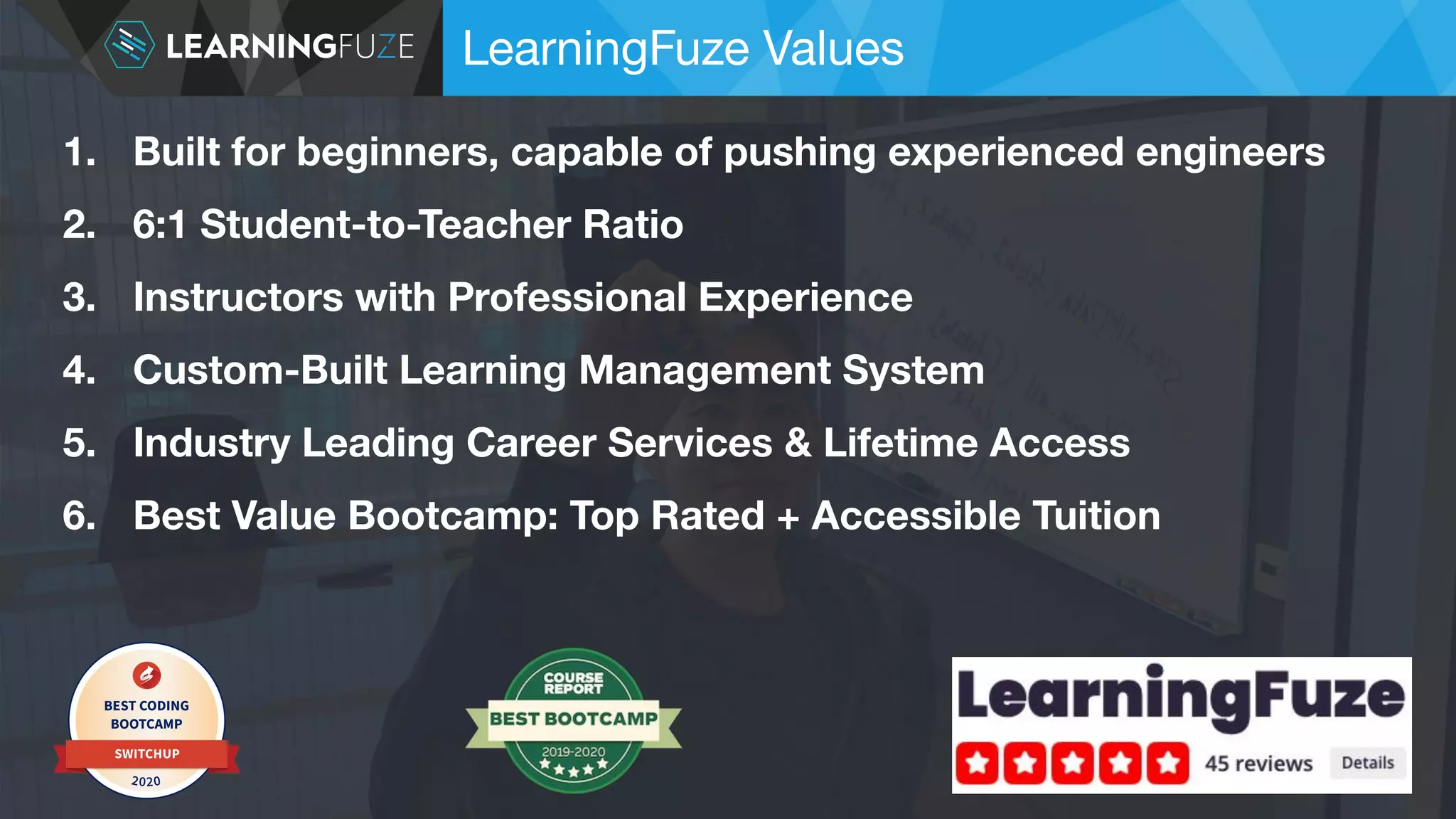 LearningFuze Values 1. Built for beginners, capable of pushing experienced engineers 2. 6:1 Student-to-Teacher Ratio 3. Instructors with Professional Experience 4. Custom-Built Learning Management System 5. Industry Leading Career Services & Lifetime Access 6. Best Value Bootcamp: Top Rated + Accessible Tuition 
