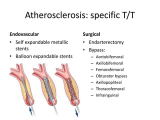 Atherosclerosis: specific T/T
Endovascular Surgical
• Self expandable metallic
stents
• Balloon expandable stents
• Endarterectomy
• Bypass:
– Aortobifemoral
– Axillobifemoral
– Femorofemoral
– Obturator bypass
– Axillopopliteal
– Thoracofemoral
– Infrainguinal
 