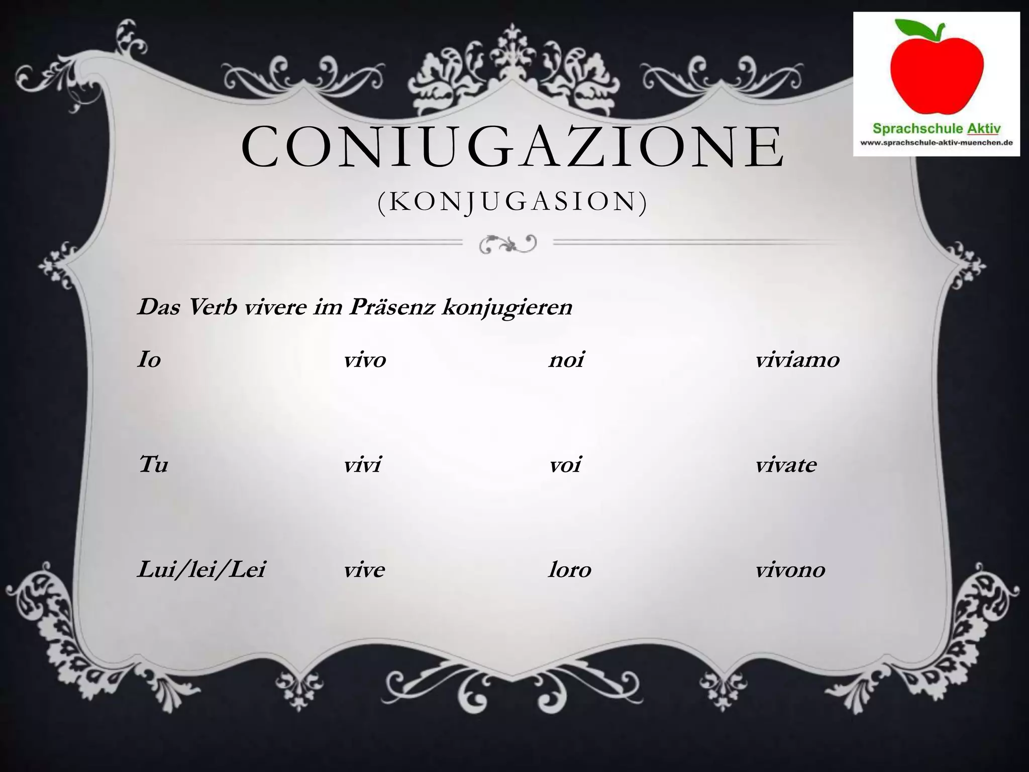 CONIUGAZIONE
(KONJUGASION)
Das Verb vivere im Präsenz konjugieren
Io vivo noi viviamo
Tu vivi voi vivate
Lui/lei/Lei vive loro vivono
 
