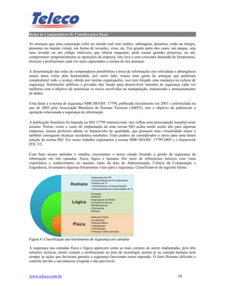 Redes de Computadores II: Considerações finais

As ameaças que uma corporação sofre no mundo real com roubos, sabotagens, desastres, estão na íntegra,
presentes no mundo virtual, em forma de invasões, vírus, etc. Em grande parte dos casos, um ataque, seja
uma invasão ou um código malicioso que infecta máquinas, pode causar grandes prejuízos, ou até,
comprometer temporariamente as operações da empresa. Isto leva a uma crescente demanda de ferramentas,
técnicas e profissionais cada vez mais capacitados e cientes de tais ameaças.

A disseminação das redes de computadores possibilitou a troca de informações em velocidade e abrangência
nunca antes vistas pela humanidade, por outro lado, trouxe uma gama de ameaças que poderiam
comprometer todo o avanço obtido por muitas organizações, isso tem forçado uma mudança na cultura de
segurança. Instituições públicas e privadas têm lutado para desenvolver métodos de segurança cada vez
melhores com o objetivo de minimizar os riscos envolvidos na manipulação, transmissão e armazenamento
de dados.

Uma delas é a norma de segurança NBR ISO/IEC 17799, publicada inicialmente em 2001 e reformulada no
ano de 2005 pela Associação Brasileira de Normas Técnicas (ABNT), tem o objetivo de padronizar a
operação relacionada a segurança da informação.

A publicação brasileira foi baseada na ISO 17799 internacional, isso reflete uma preocupação mundial neste
assunto. Porém, como o custo de implantação de uma norma ISO acaba sendo muito alto para algumas
empresas, muitas preferem adotar os frameworks de qualidade, que possuem uma versatilidade maior e
também conseguem alcançar excelentes resultados. Estes podem ser considerados o início para uma futura
adoção da norma ISO. Em nosso trabalho exploramos a norma NBR ISO/IEC 17799:2005 e o framework
ITIL V2.

Com base nesses métodos e estudos, executamos o nosso estudo focando a gestão de segurança da
informação em três camadas: física, lógica e humana. Por meio de referenciais teóricos com vasta
experiência e conhecimento no assunto, tanto da área de Administração, Ciência da Computação e
Engenharia, levantamos algumas ferramentas vitais para a segurança. Classificam-se da seguinte forma:




Figura 6: Classificação das ferramentas de segurança em camadas

A segurança nas camadas física e lógica aparecem como as mais comuns de serem implantadas, pois têm
soluções técnicas, muito comum a profissionais na área de tecnologia, porém já na camada humana nem
sempre as ações que deveriam garantir a segurança funcionam como esperado. O fator Humano dificulta o
controle devido a sua natureza irregular e não previsível.



www.teleco.com.br                                                                             10
 