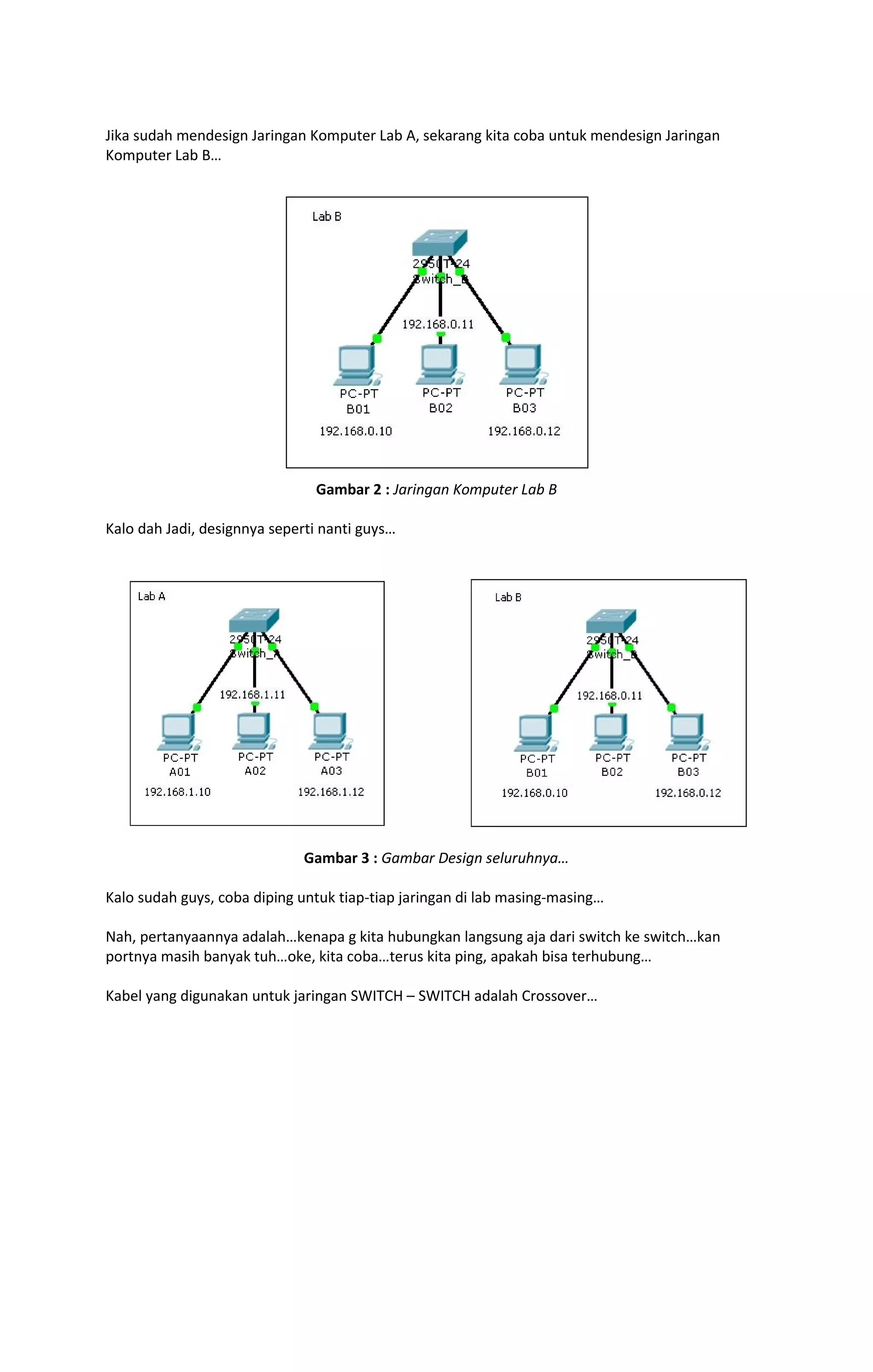 Jika sudah mendesign Jaringan Komputer Lab A, sekarang kita coba untuk mendesign Jaringan 
Komputer Lab B… 
Gambar 2 : Jaringan Komputer Lab B 
Kalo dah Jadi, designnya seperti nanti guys… 
Gambar 3 : Gambar Design seluruhnya… 
Kalo sudah guys, coba diping untuk tiap-tiap jaringan di lab masing-masing… 
Nah, pertanyaannya adalah…kenapa g kita hubungkan langsung aja dari switch ke switch…kan 
portnya masih banyak tuh…oke, kita coba…terus kita ping, apakah bisa terhubung… 
Kabel yang digunakan untuk jaringan SWITCH – SWITCH adalah Crossover… 
 