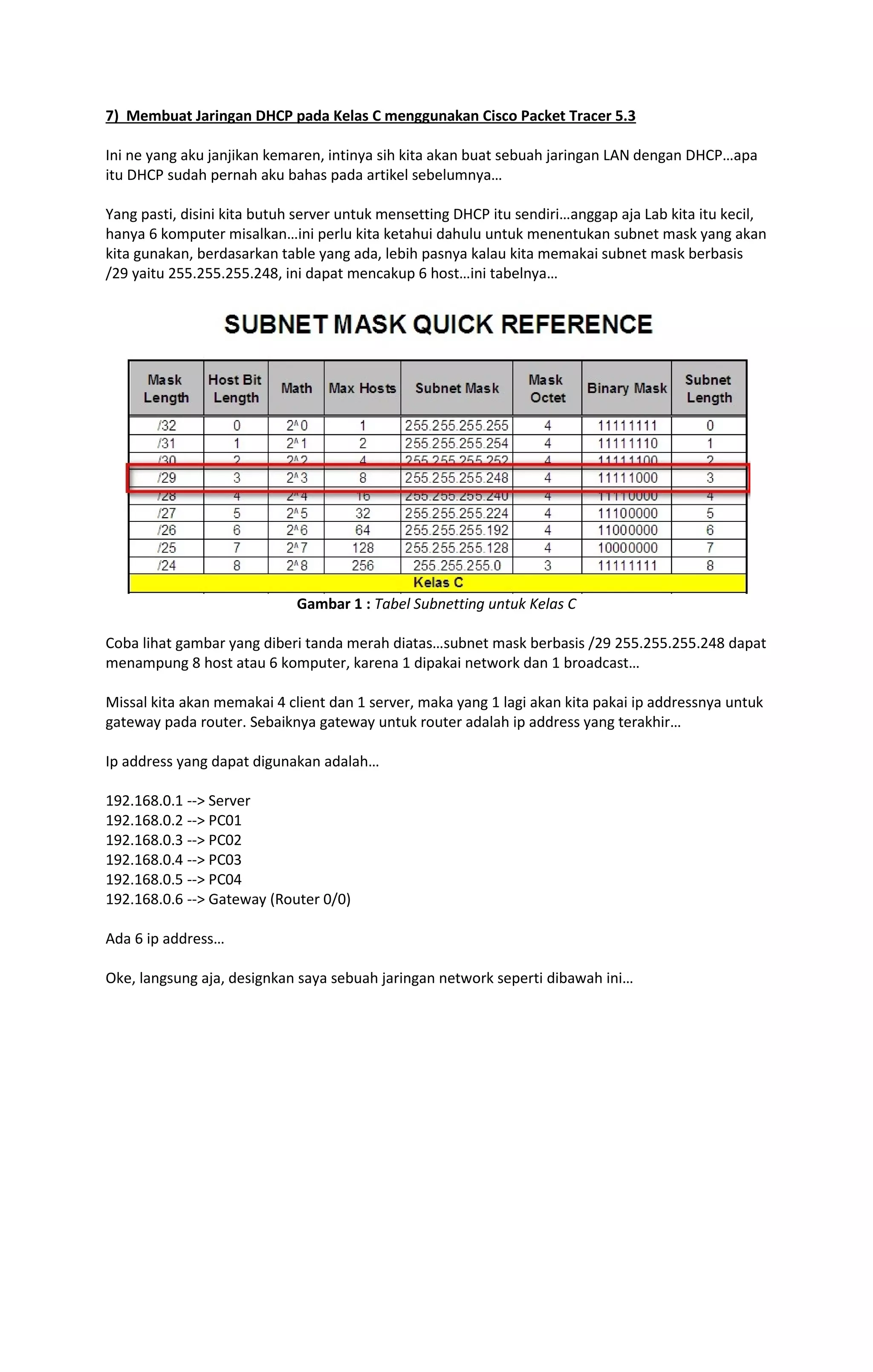 7) Membuat Jaringan DHCP pada Kelas C menggunakan Cisco Packet Tracer 5.3 
Ini ne yang aku janjikan kemaren, intinya sih kita akan buat sebuah jaringan LAN dengan DHCP…apa 
itu DHCP sudah pernah aku bahas pada artikel sebelumnya… 
Yang pasti, disini kita butuh server untuk mensetting DHCP itu sendiri…anggap aja Lab kita itu kecil, 
hanya 6 komputer misalkan…ini perlu kita ketahui dahulu untuk menentukan subnet mask yang akan 
kita gunakan, berdasarkan table yang ada, lebih pasnya kalau kita memakai subnet mask berbasis 
/29 yaitu 255.255.255.248, ini dapat mencakup 6 host…ini tabelnya… 
Gambar 1 : Tabel Subnetting untuk Kelas C 
Coba lihat gambar yang diberi tanda merah diatas…subnet mask berbasis /29 255.255.255.248 dapat 
menampung 8 host atau 6 komputer, karena 1 dipakai network dan 1 broadcast… 
Missal kita akan memakai 4 client dan 1 server, maka yang 1 lagi akan kita pakai ip addressnya untuk 
gateway pada router. Sebaiknya gateway untuk router adalah ip address yang terakhir… 
Ip address yang dapat digunakan adalah… 
192.168.0.1 --> Server 
192.168.0.2 --> PC01 
192.168.0.3 --> PC02 
192.168.0.4 --> PC03 
192.168.0.5 --> PC04 
192.168.0.6 --> Gateway (Router 0/0) 
Ada 6 ip address… 
Oke, langsung aja, designkan saya sebuah jaringan network seperti dibawah ini… 
 