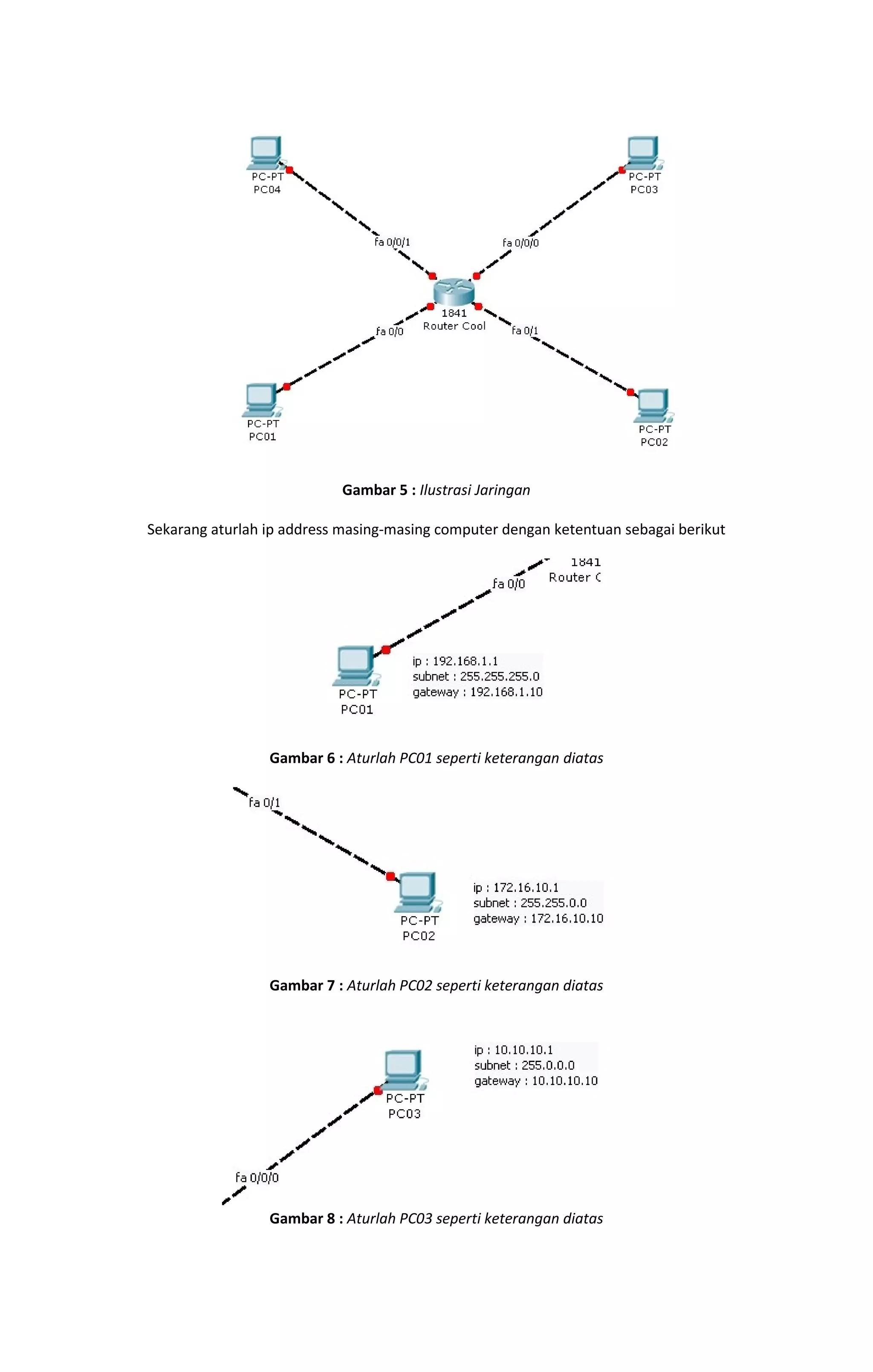 Gambar 5 : Ilustrasi Jaringan 
Sekarang aturlah ip address masing-masing computer dengan ketentuan sebagai berikut 
Gambar 6 : Aturlah PC01 seperti keterangan diatas 
Gambar 7 : Aturlah PC02 seperti keterangan diatas 
Gambar 8 : Aturlah PC03 seperti keterangan diatas 
 