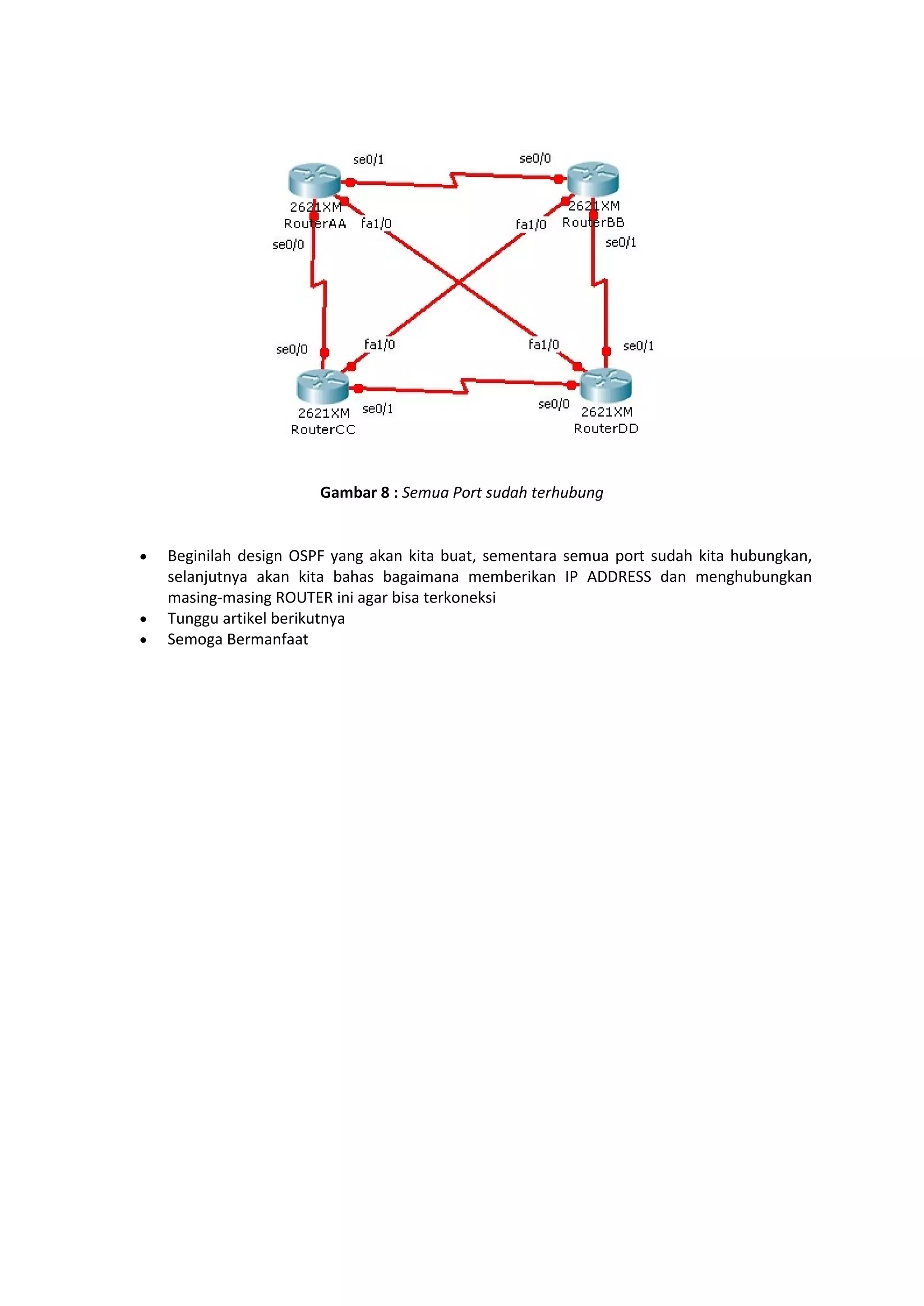 Gambar 8 : Semua Port sudah terhubung 
 Beginilah design OSPF yang akan kita buat, sementara semua port sudah kita hubungkan, 
selanjutnya akan kita bahas bagaimana memberikan IP ADDRESS dan menghubungkan 
masing-masing ROUTER ini agar bisa terkoneksi 
 Tunggu artikel berikutnya 
 Semoga Bermanfaat 
 
