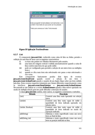 Introdução ao Java




       Figura 32 Aplicação TextAreaDemo

6.3.7 List
         O componente java.awt.List, conhecido como caixa de lista ou listbox, permite a
exibição de uma lista de itens com as seguintes características:
         (i)      os itens não podem ser editados diretamente pelo usuário,
         (ii)     uma barra de rolagem vertical é exibida automaticamente quando a caixa de
                  lista contêm mais itens do que pode exibir;
         (iii)    pode ser configurado para permitir a seleção de um único item ou múltiplos
                  itens e
         (iv)     quando se clica num item não selecionado este passa a estar selecionado e
                  vice-versa.
         Este      componente      basicamente      produz      dois    tipos    de eventos:
java.awt.event.ItemEvent quando ocorre a seleção de um item e
java.awt.event.ActionEvent quando o usuário dá um duplo clique sobre um item exibido
pela lista. Estes eventos requerem tratamento por listeners diferentes respectivamente como
as interfaces: java.awt.event.ItemListener e java.awt.event.ActionListener.
Recomenda-se não utilizar-se o evento ActionListener quando a lista estiver operando em
modo de múltipla seleção pois isto pode dificultar a interação do usuário.
         A classe java.awt.List contêm, entre outros, os seguintes construtores e métodos:
                         Método                                    Descrição
          List()                              Constrói uma lista vazia operando em seleção
                                              única.
          List(int)                           Constrói uma lista vazia capaz de exibir a
                                              quantidade de itens indicada operando em
                                              seleção única.
          List(int, Boolean)                  Constrói uma lista vazia capaz de exibir a
                                              quantidade de itens indicada no modo de
                                              operação indicado.
          add(String)                         Adiciona o texto especificado como um novo
                                              item ao final da lista.
          add(String, int)                    Adiciona o texto especificado como um novo
                                              item na posição indicada na lista.



                                                                                        101
 
