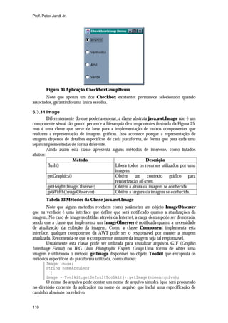 Prof. Peter Jandl Jr.




        Figura 36 Aplicação CheckboxGroupDemo
        Note que apenas um dos Checkbox existentes permanece selecionado quando
associados, garantindo uma única escolha.

6.3.11 Image
        Diferentemente do que poderia esperar, a classe abstrata java.awt.Image não é um
componente visual tão pouco pertence a hierarquia de componentes ilustrada da Figura 25,
mas é uma classe que serve de base para a implementação de outros componentes que
realizem a representação de imagens gráficas. Isto acontece porque a representação de
imagens depende de detalhes específicos de cada plataforma, de forma que para cada uma
sejam implementadas de forma diferente.
        Ainda assim esta classe apresenta alguns métodos de interesse, como listados
abaixo:
                      Método                                   Descrição
        flush()                             Libera todos os recursos utilizados por uma
                                            imagem.
        getGraphics()                       Obtêm um contexto gráfico para
                                            renderização off-screen.
        getHeight(ImageObserver)            Obtêm a altura da imagem se conhecida.
        getWidth(ImageObserver)             Obtêm a largura da imagem se conhecida.
        Tabela 33 Métodos da Classe java.awt.Image
         Note que alguns métodos recebem como parâmetro um objeto ImageObserver
que na verdade é uma interface que define que será notificado quanto a atualizações da
imagem. No caso de imagens obtidas através da Internet, a carga destas pode ser demorada,
sendo que a classe que implementa um ImageObserver é notificada quanto a necessidade
de atualização da exibição da imagem. Como a classe Component implementa esta
interface, qualquer componente da AWT pode ser o responsável por manter a imagem
atualizada. Recomenda-se que o componente container da imagem seja tal responsável.
         Usualmente esta classe pode ser utilizada para visualizar arquivos GIF (Graphics
Interchange Format) ou JPG (Joint Photographic Experts Group).Uma forma de obter uma
imagem é utilizando o método getImage disponível no objeto Toolkit que encapsula os
métodos específicos da plataforma utilizada, como abaixo:
        Image image;
        String nomeArquivo;
          M
        image = Toolkit.getDefaultToolkit().getImage(nomeArquivo);
       O nome do arquivo pode conter um nome de arquivo simples (que será procurado
no diretório corrente da aplicação) ou nome de arquivo que inclui uma especificação de
caminho absoluto ou relativo.


110
 
