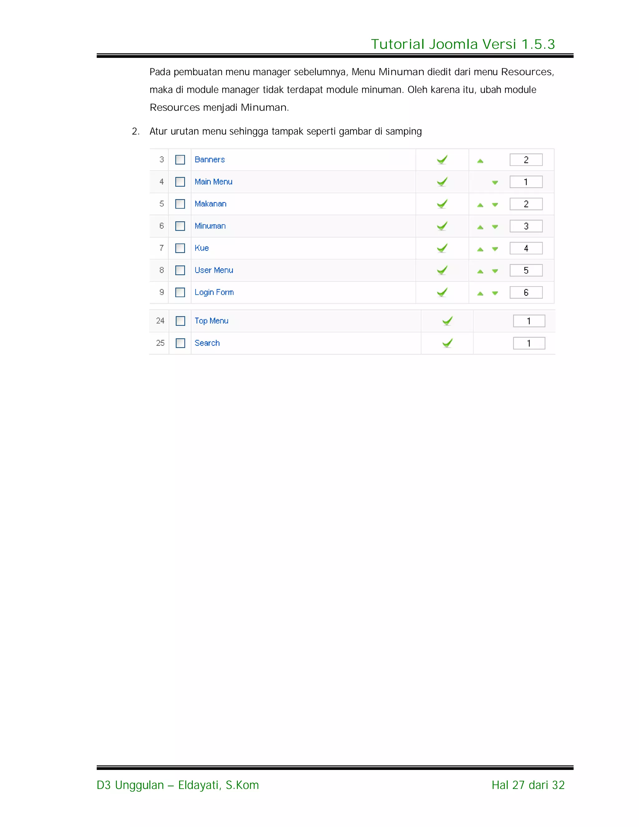 Tutorial Joomla Versi 1.5.3
         Pada pembuatan menu manager sebelumnya, Menu Minuman diedit dari menu Resources,
         maka di module manager tidak terdapat module minuman. Oleh karena itu, ubah module
         Resources menjadi Minuman.

      2. Atur urutan menu sehingga tampak seperti gambar di samping




D3 Unggulan – Eldayati, S.Kom                                                    Hal 27 dari 32
 